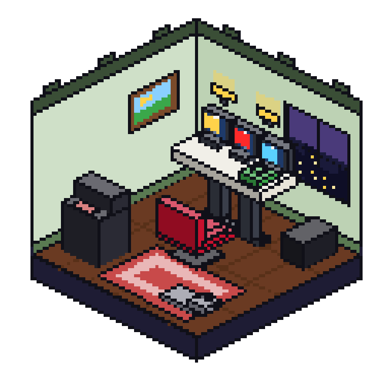 A Hustle Corner: an isometric pixel office with a city window, a standing desk under three monitors, an executive chair, an arcade cabinet and a cat.